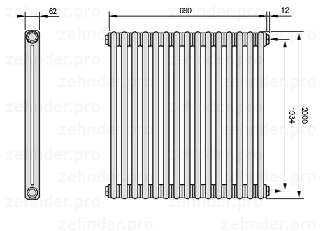 Схема (чертеж) Радиатор Zehnder Charleston 2200/15 №7610 Белый глянцевый RAL 9016